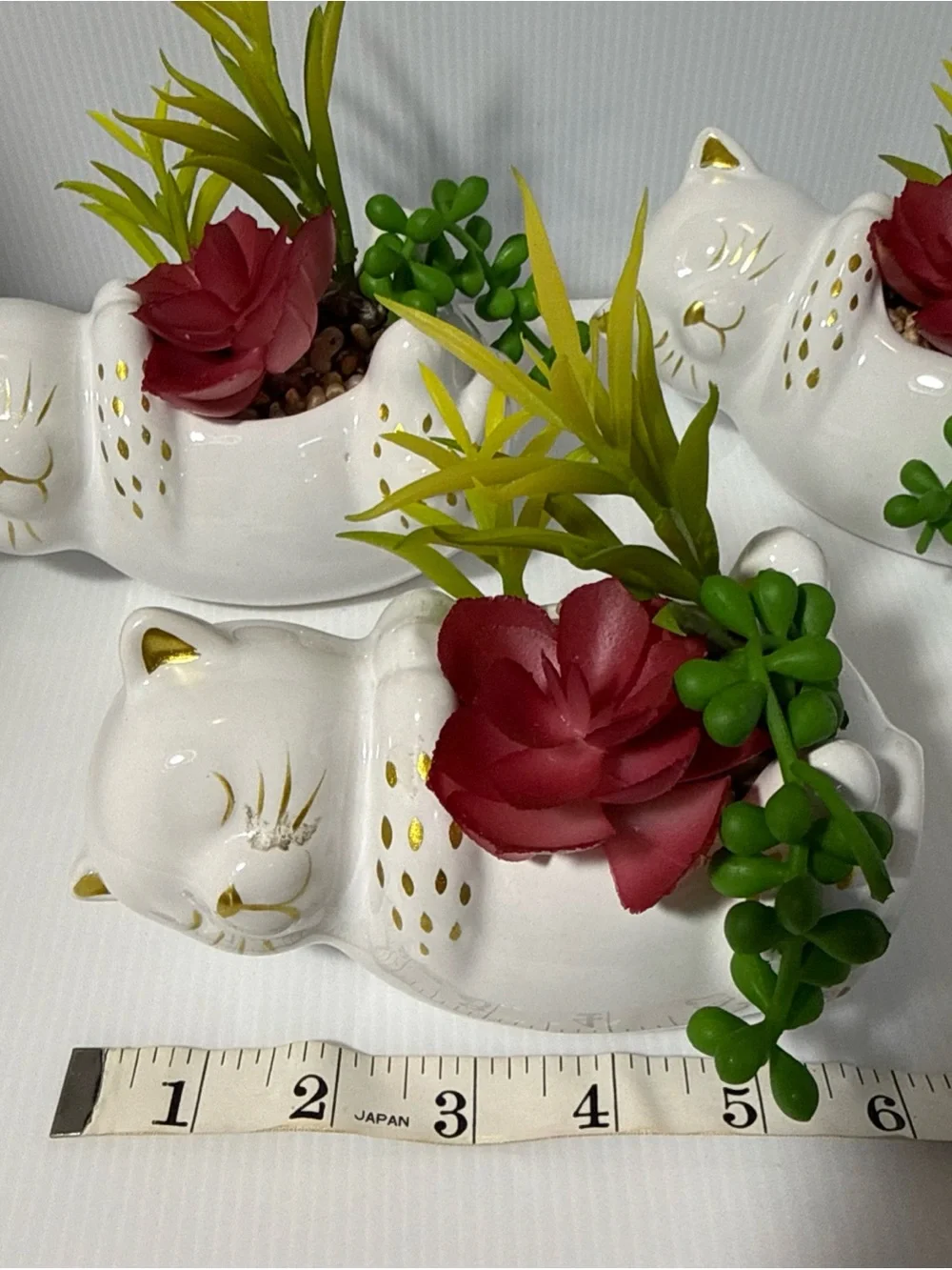 Modern Expressions White Ceramic Cat Planter w/ Faux Succulents